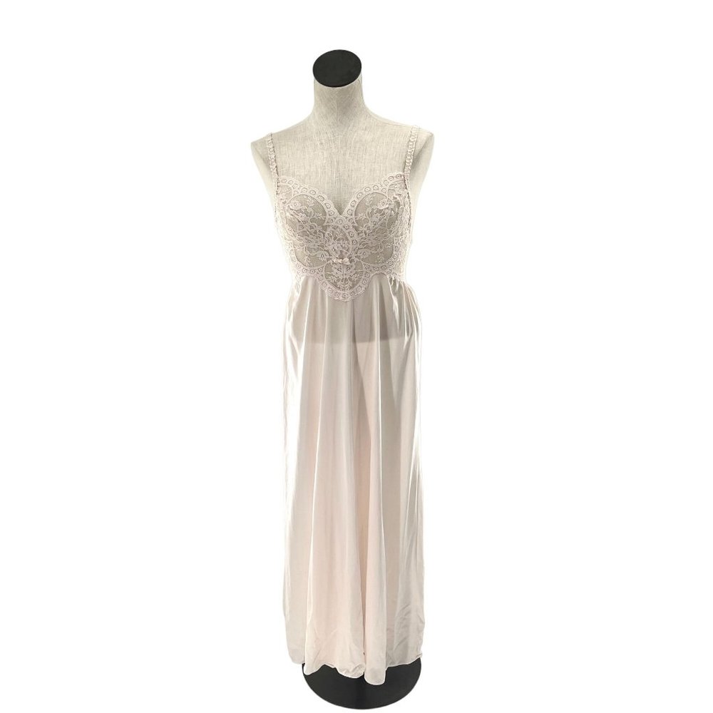 Vintage Nightgown Pastel Pink Sheer Lace Maxi-Length Medium 80s Cottagecore - Picture 2 of 11